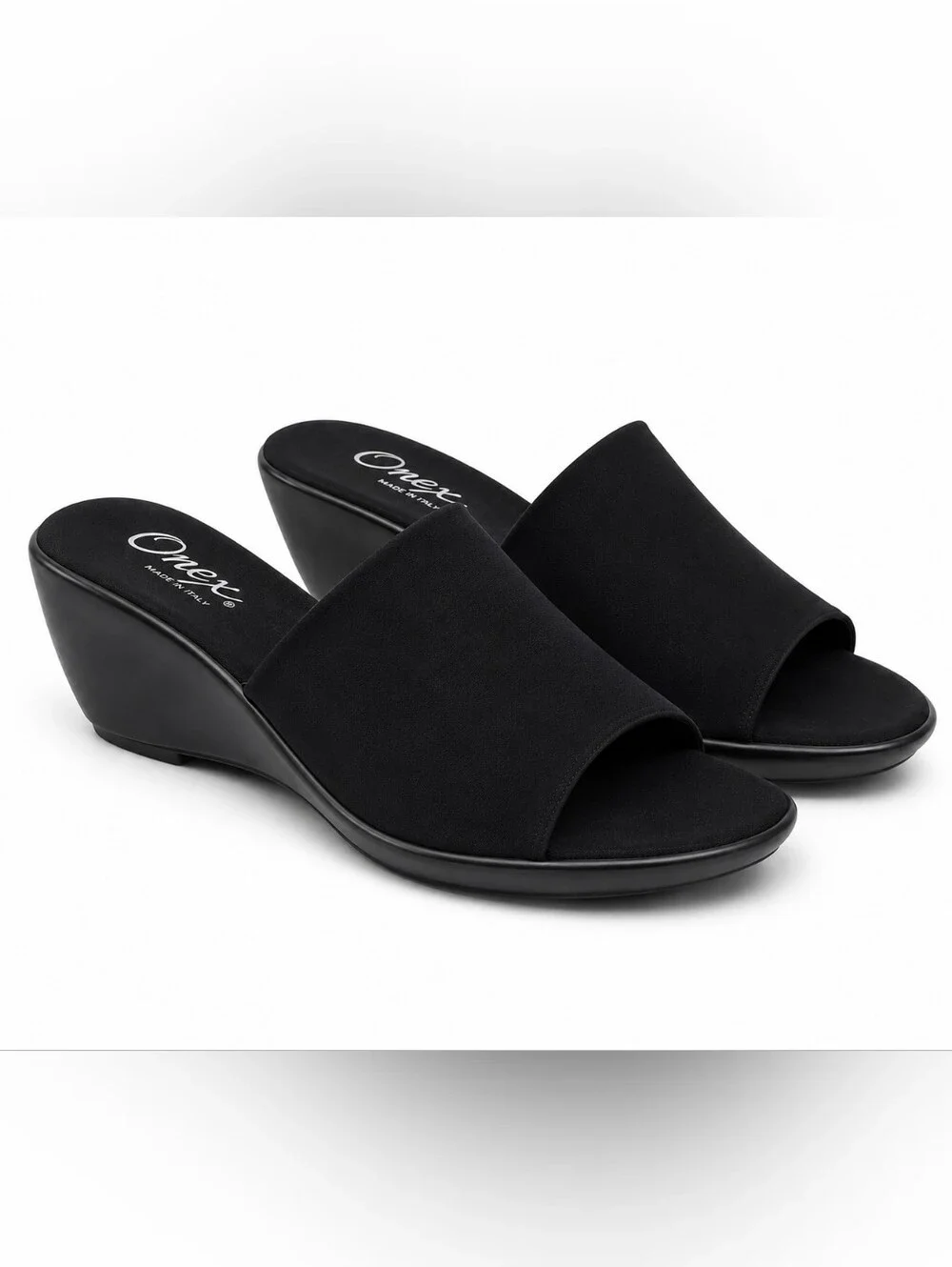 NWOT Onex Rory Italy Black Stretch Wedge Slide Sandals Comfort 9 Lightweight